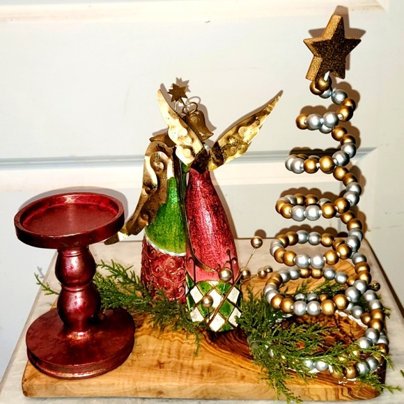Christmas Centerpiece Candle Holder Angels Tree Wood Live Edge - Picture 9 of 9